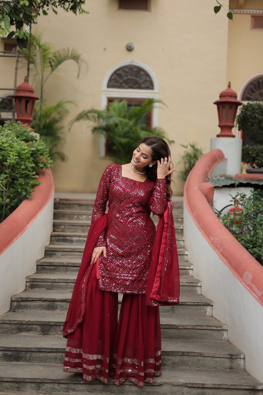 Teeya Creation Maroon Color Faux Georgette Heavy Embroidery Work Fully stitched Sharara set