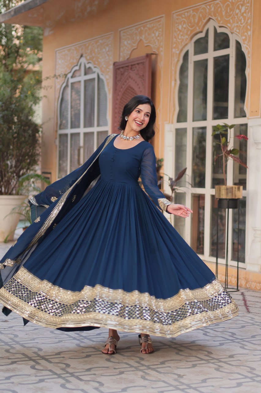Teeya Creation Blue Color Faux Georgette Heavy Embroidery Work Fully Stitched Gown