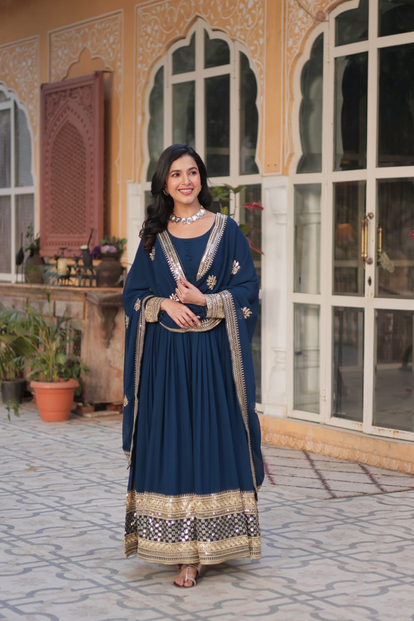 Teeya Creation Blue Color Faux Georgette Heavy Embroidery Work Fully Stitched Gown
