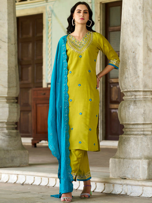 The52 Lemon Beautiful Embroidered Viscose Chanderi Fabric Straight Kurta Pant with Dupatta Set | Grab2Buy