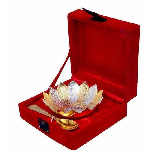 German Silver Dual Colored Flower Shaped Bowl With Spoon - Grab2buy