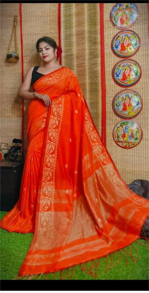 Exclusive Collection Beautiful Orange Pure Cotton Woven Handloom Grab2Buy With Running Blouse Piece 