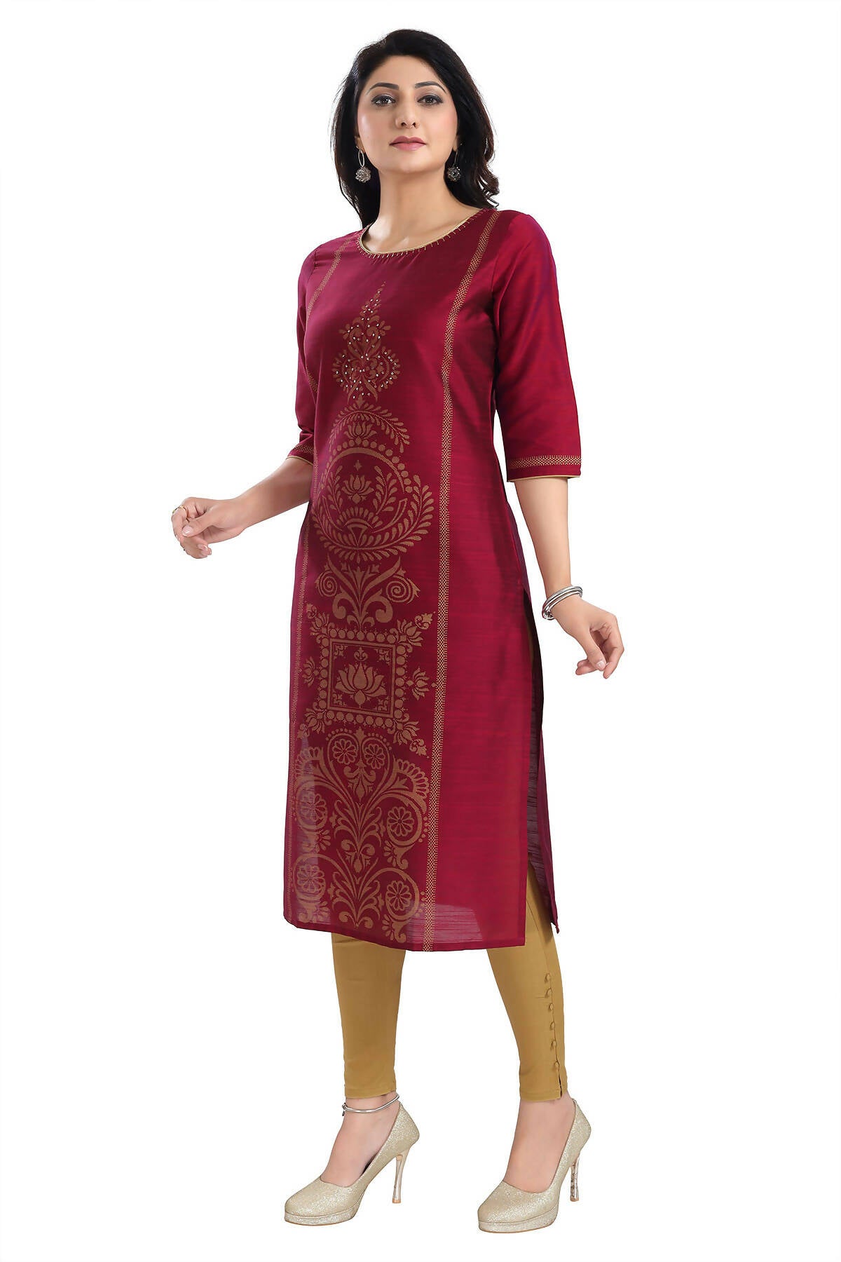 Snehal Creations Majenta Raw Silk Block Print Long Kurta For Women
