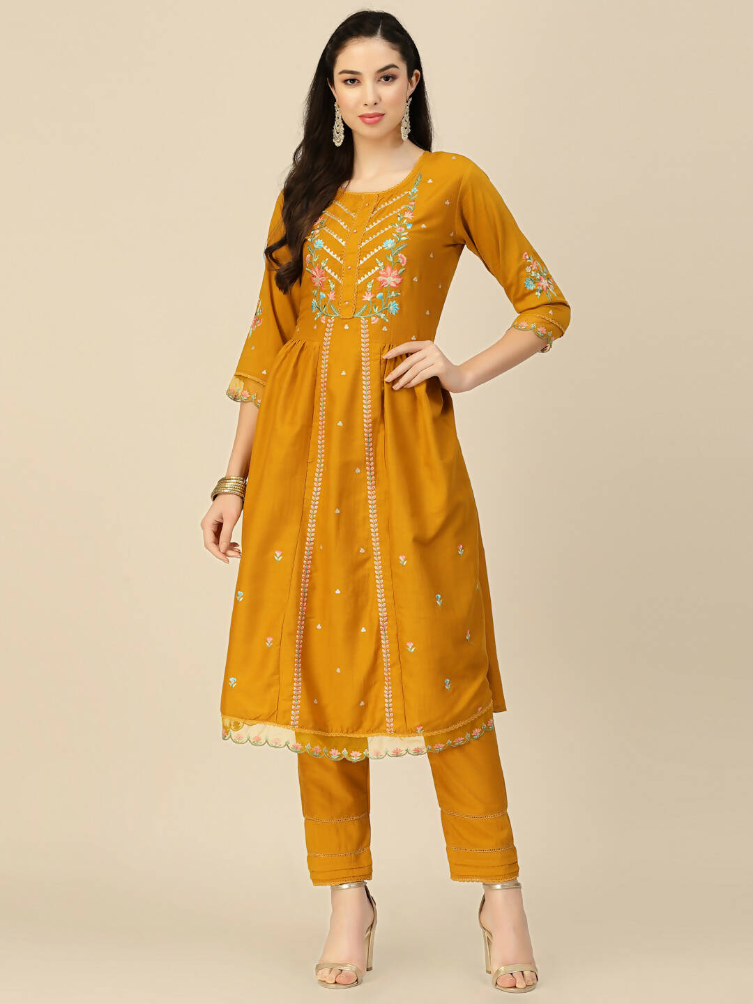 Mustard Embroidered Chinon Straight Kurta With Trouser & Dupatta - Salimar