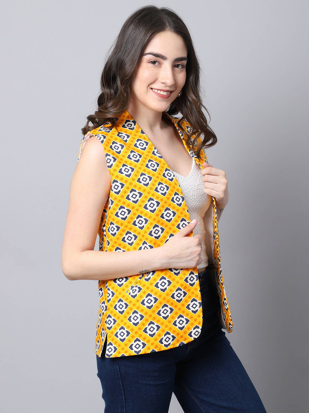 Even Apparels Yellow 100% Viscose Rayon Open Front Gillet 