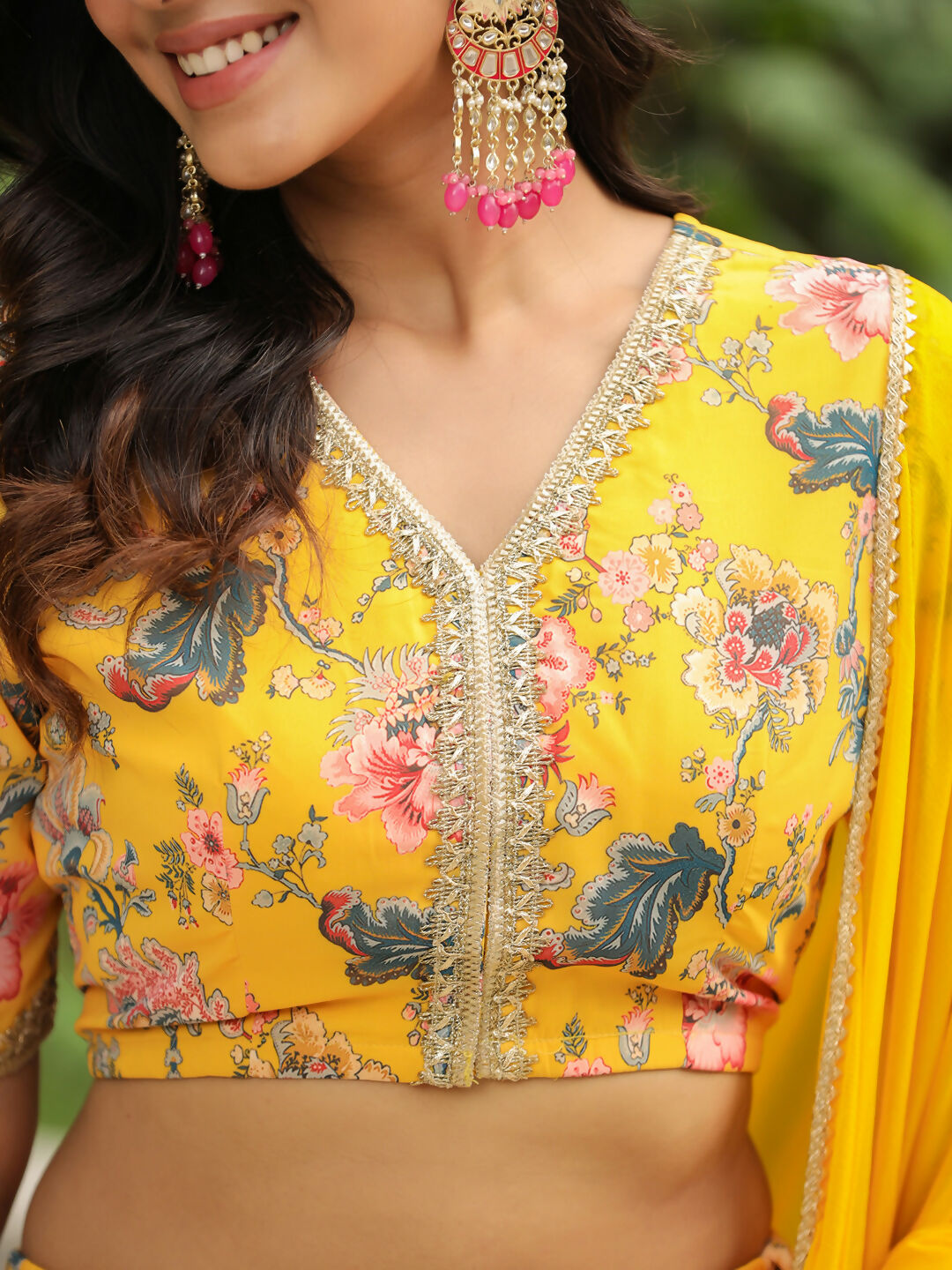 Janasya Yellow Georgette Floral Lehenga Choli Dupatta 