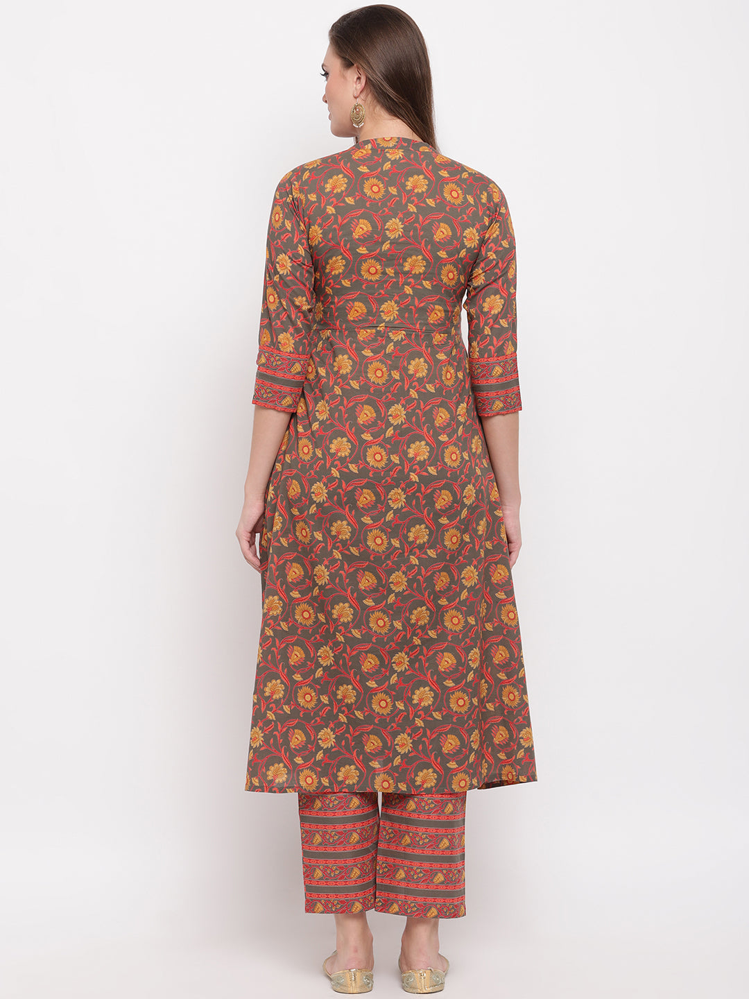 NOZ2TOZ Women's Floral Print & Hand Work Flared With Side Cut Cotton Grey Kurti 