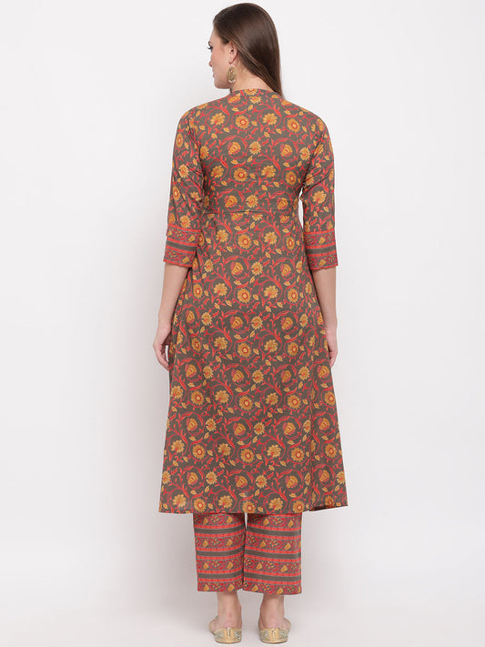 NOZ2TOZ Women's Floral Print & Hand Work Flared With Side Cut Cotton Grey Kurti 