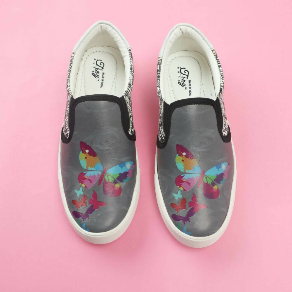 Tiny Bugs Girls Butterfly Print Slip Ons Sneakers - Dark Grey  Grab2Buy Tiny Bugs Grab2Buy