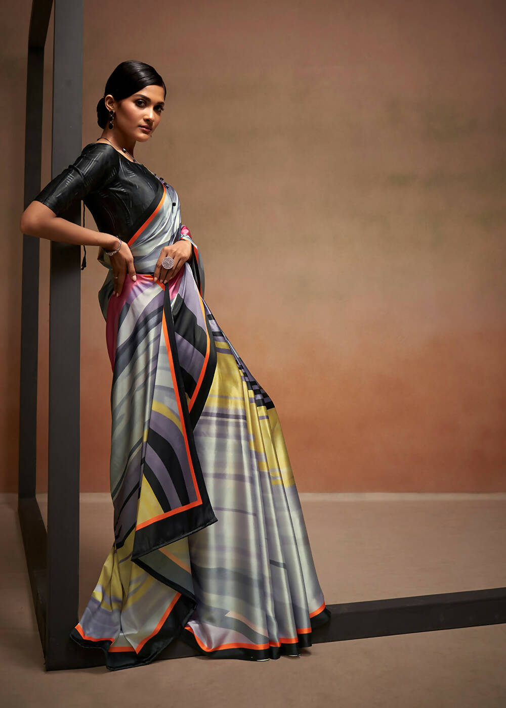 Grey Satin Digital Printed Saree with Unstitched Blouse Piece - Jodha