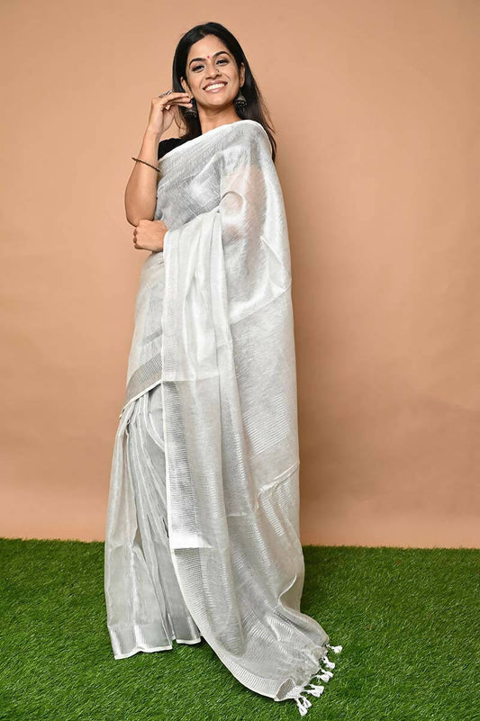 Very Much Indian Pure Linen Saree With Sleek Border And Exclusive Design - White - Grab2buy