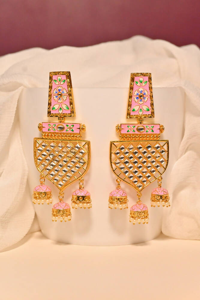 Traditional Gold-Plated Meenakari Pink Jhumka Jhumki Earrings By House of Ree - Grab2buy