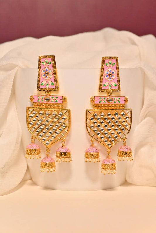Traditional Gold-Plated Meenakari Pink Jhumka Jhumki Earrings By House of Ree - Grab2buy