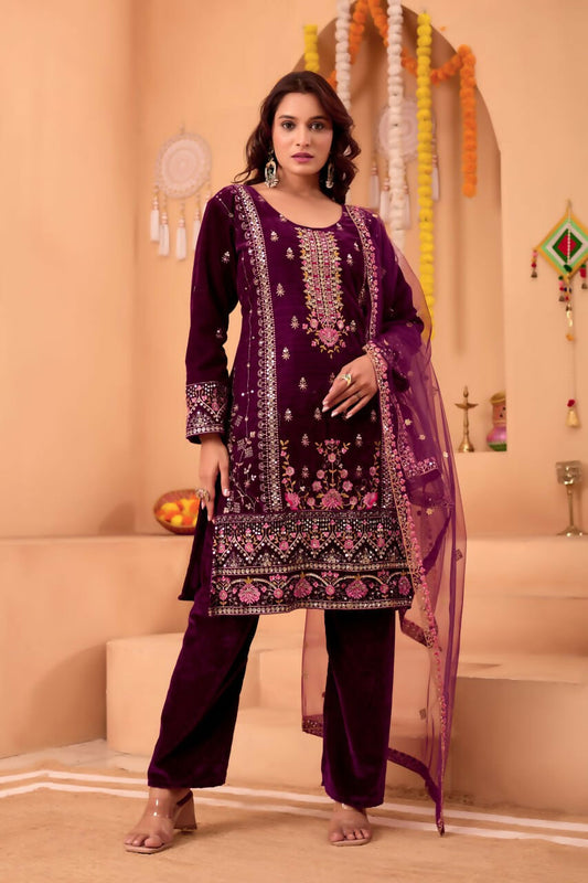 Joban Fashion Purple Velvet Embroidery Sequence Work Readymade Kurta Set