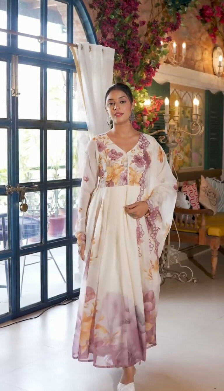 Teeya Creation Multi Color Organza Silk Printed Party Wear Gown