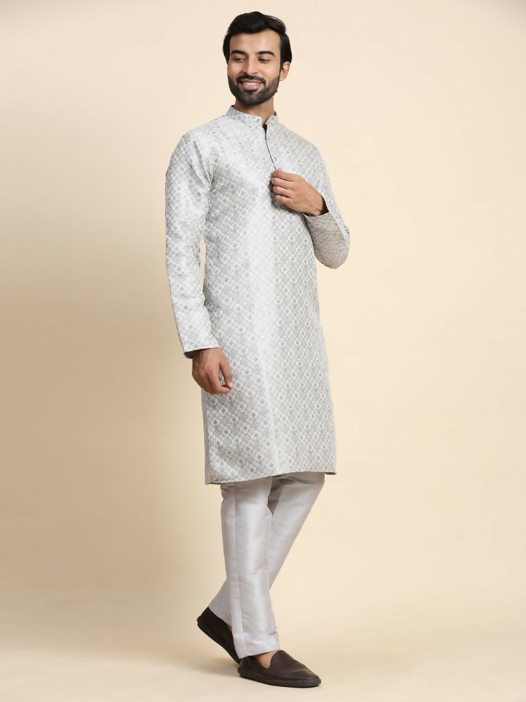Grey Viscose Jacquard Woven Jacquard Designer Men's Rajwadi Kurta Set - Mahotsav