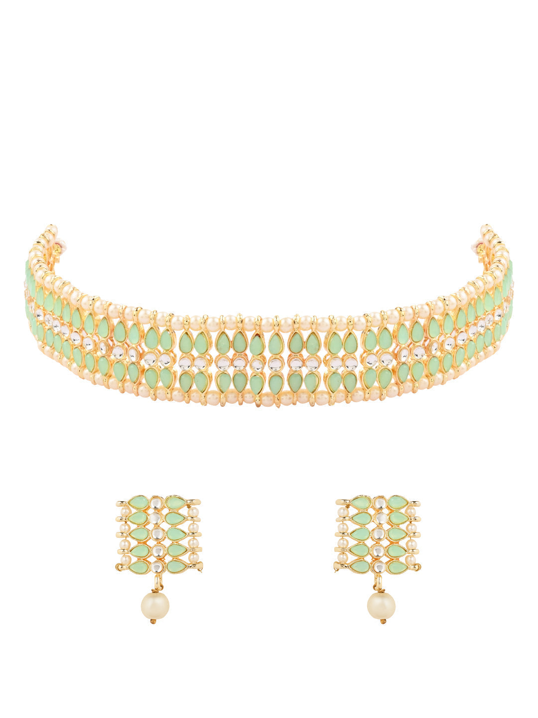 Gold-Polished Traditional Kundan Pearl Choker Necklace Jewellery Set For Women And Girls - Wahe Jewels Noz2Toz