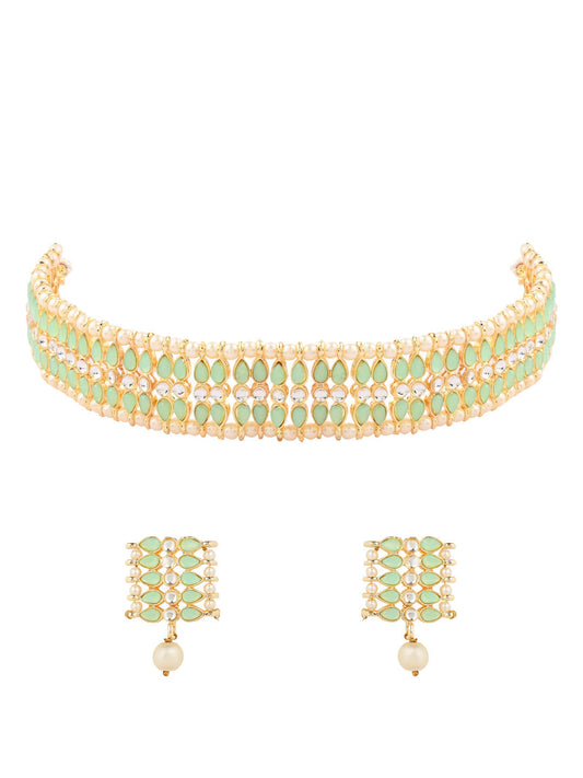 Gold-Polished Traditional Kundan Pearl Choker Necklace Jewellery Set For Women And Girls - Wahe Jewels Noz2Toz