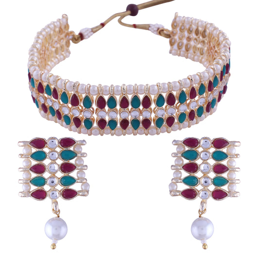 Gold-Polished Traditional Peach Pearl & Kundan Studded Choker Necklace Jewellery Set For Women/Girls - Wahe Jewels Noz2Toz