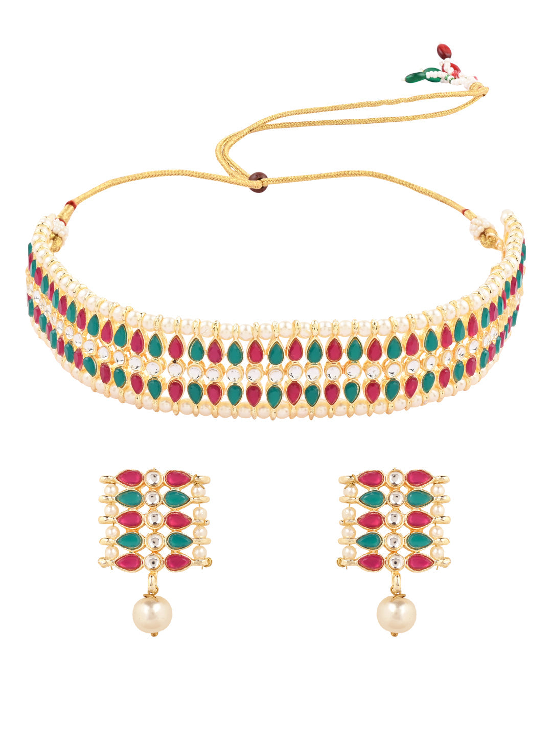 Gold-Polished Traditional Peach Pearl & Kundan Studded Choker Necklace Jewellery Set For Women/Girls - Wahe Jewels Noz2Toz