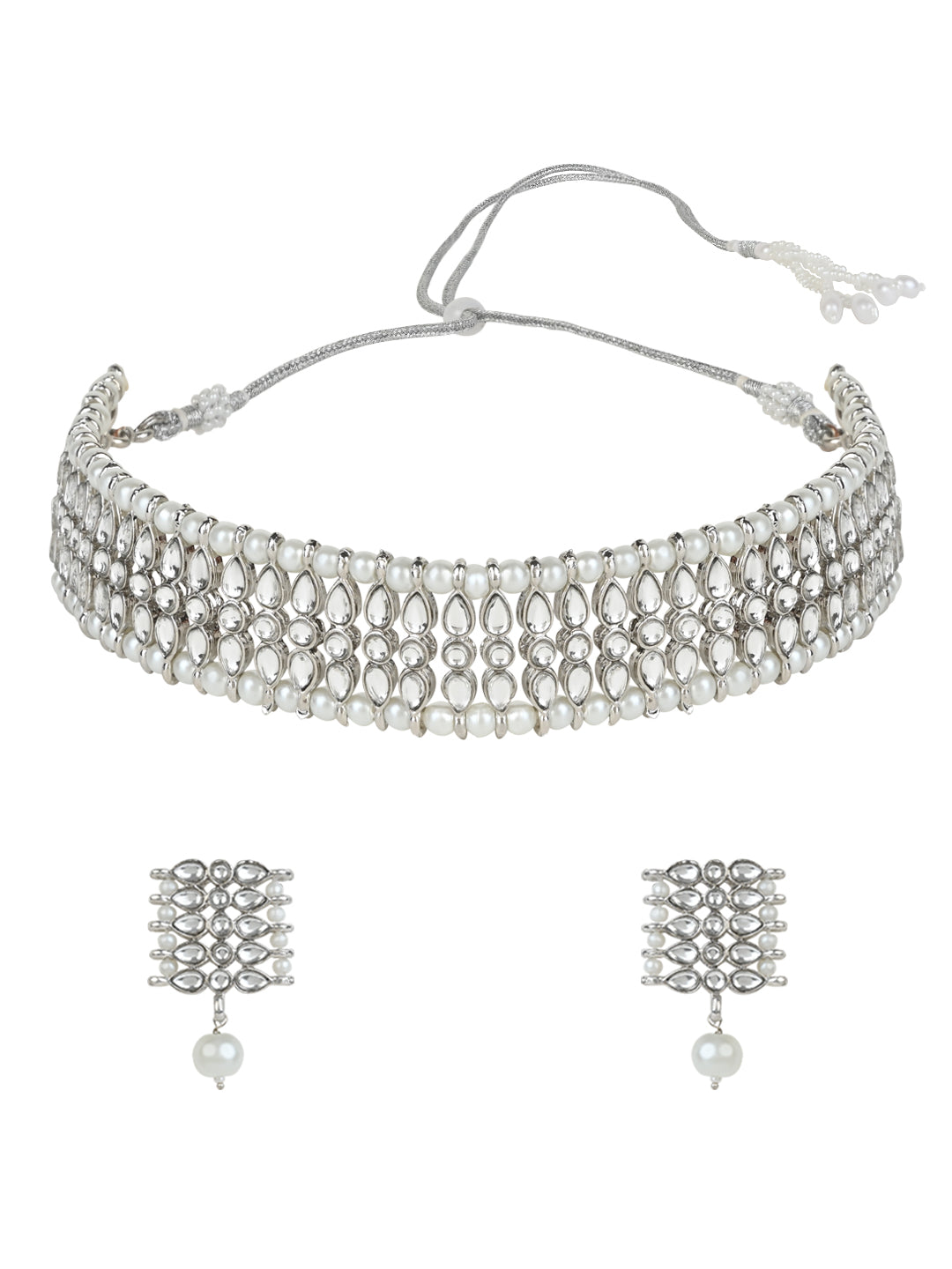 Gold-Polished Silver Plated Traditional Silver Pearl & Kundan Studded Choker Necklace Jewellery Set For Women/Girls - Wahe Jewels Noz2Toz