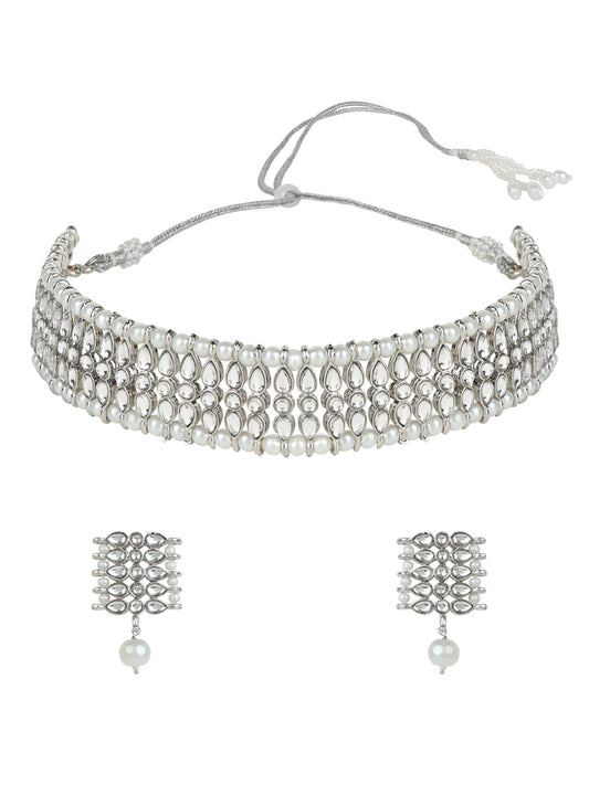 Gold-Polished Silver Plated Traditional Silver Pearl & Kundan Studded Choker Necklace Jewellery Set For Women/Girls - Wahe Jewels Noz2Toz