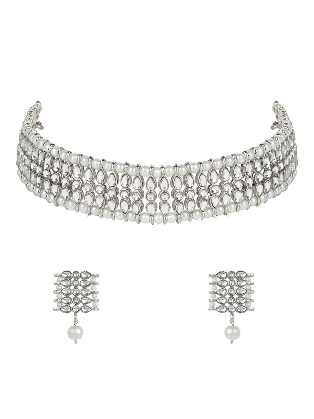 Gold-Polished Silver Plated Traditional Silver Pearl & Kundan Studded Choker Necklace Jewellery Set For Women/Girls - Wahe Jewels Noz2Toz