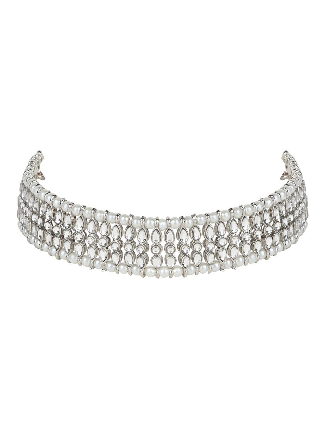 Gold-Polished Silver Plated Traditional Silver Pearl & Kundan Studded Choker Necklace Jewellery Set For Women/Girls - Wahe Jewels Noz2Toz