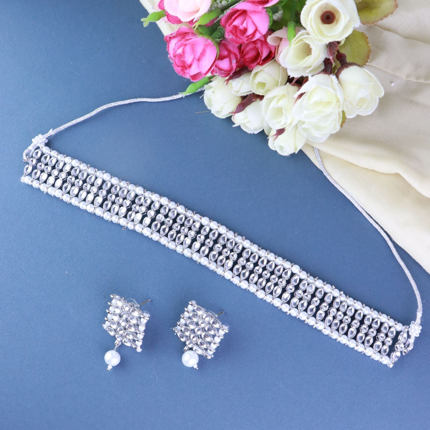 Gold-Polished Silver Plated Traditional Silver Pearl & Kundan Studded Choker Necklace Jewellery Set For Women/Girls - Wahe Jewels Noz2Toz