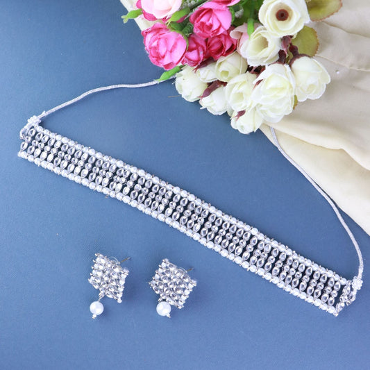 Gold-Polished Silver Plated Traditional Silver Pearl & Kundan Studded Choker Necklace Jewellery Set For Women/Girls - Wahe Jewels Noz2Toz