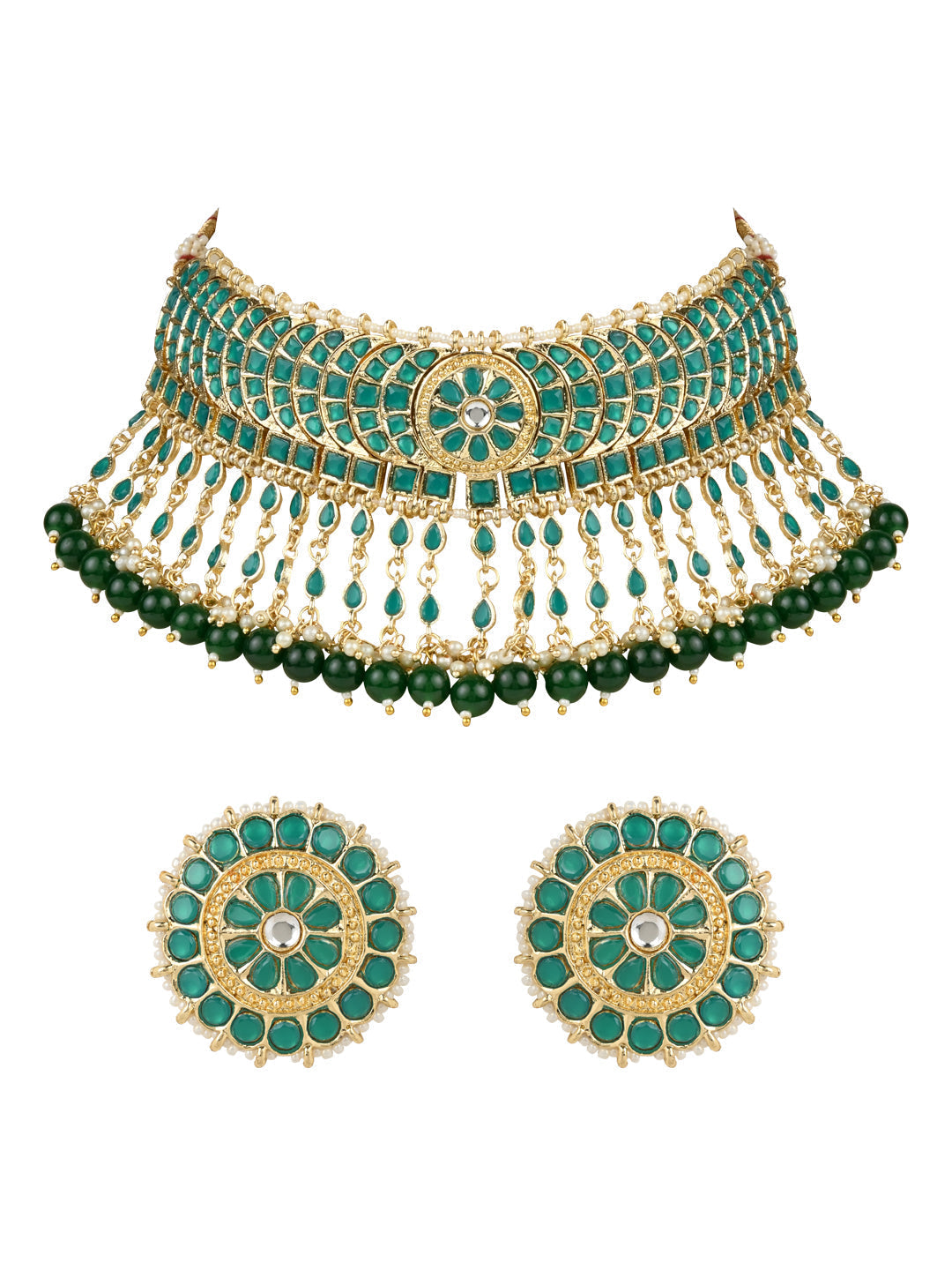 Gold-Polished Traditional Kundan & Pearl Studded Choker Necklace Set For Women/Girls - Wahe Jewels Noz2Toz