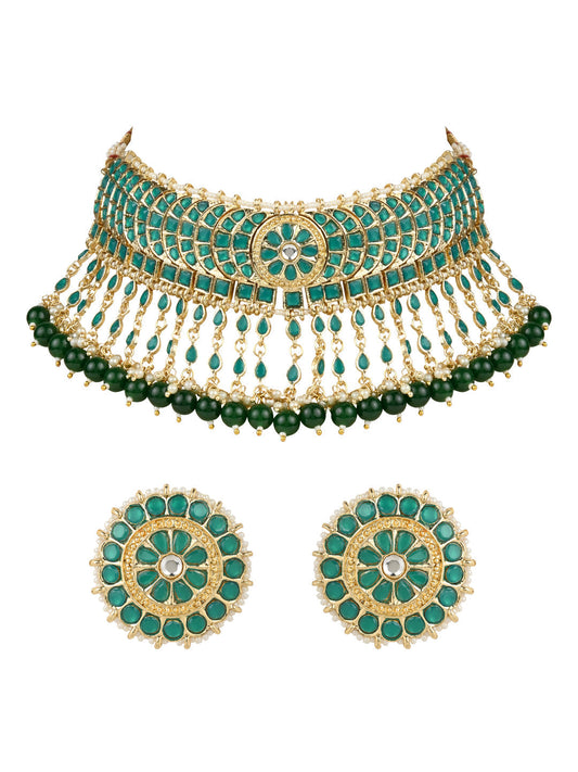 Gold-Polished Traditional Kundan & Pearl Studded Choker Necklace Set For Women/Girls - Wahe Jewels Noz2Toz