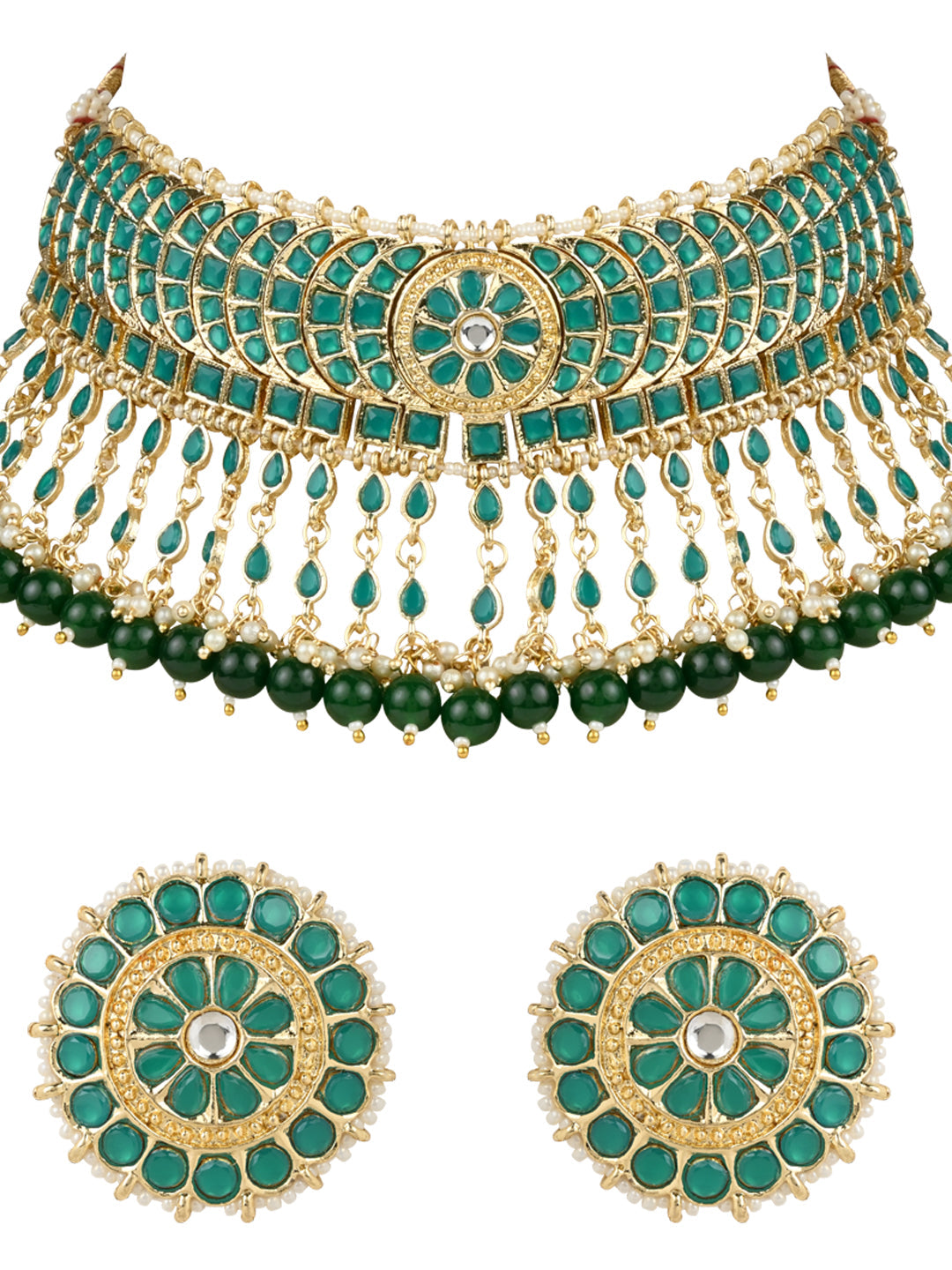 Gold-Polished Traditional Kundan & Pearl Studded Choker Necklace Set For Women/Girls - Wahe Jewels Noz2Toz