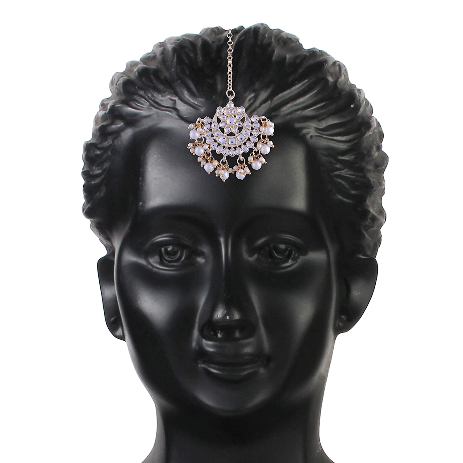 Gold-Polished Traditional Pearl Kundan Studded Jewellery Necklace Set with Maang Tikka for Women - Wahe Jewels Noz2Toz