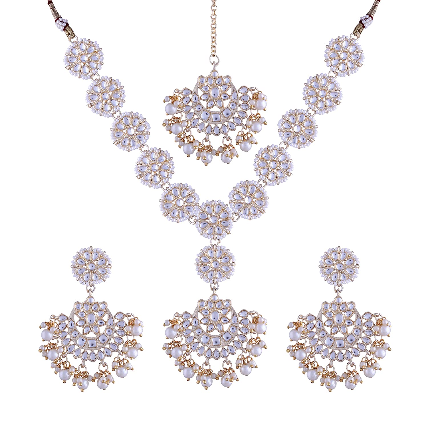 Gold-Polished Traditional Pearl Kundan Studded Jewellery Necklace Set with Maang Tikka for Women - Wahe Jewels Noz2Toz
