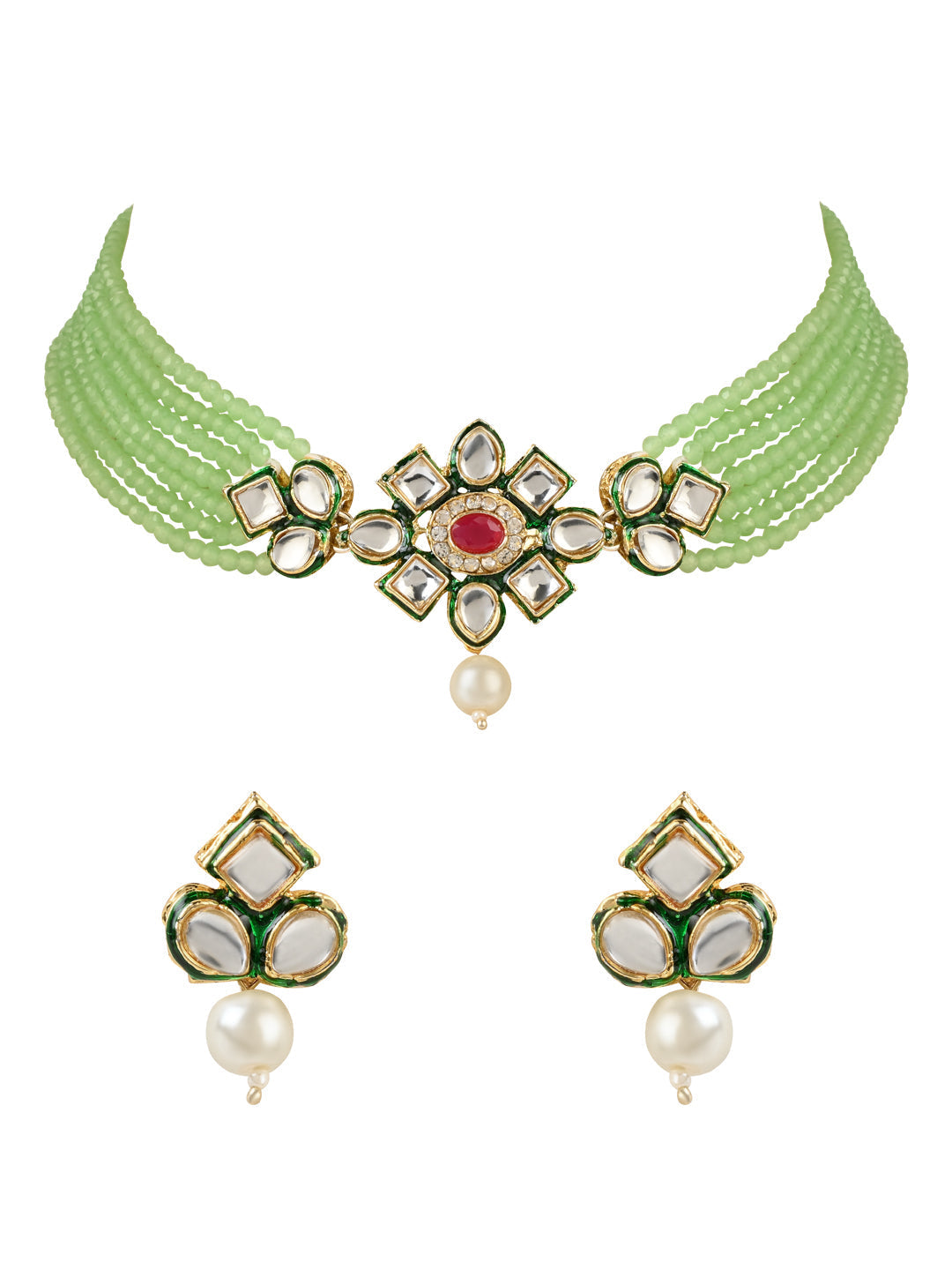 Gold-Polished Traditional Choker Set Glided With Kundan & Beads For Women/Girls - Wahe Jewels Noz2Toz