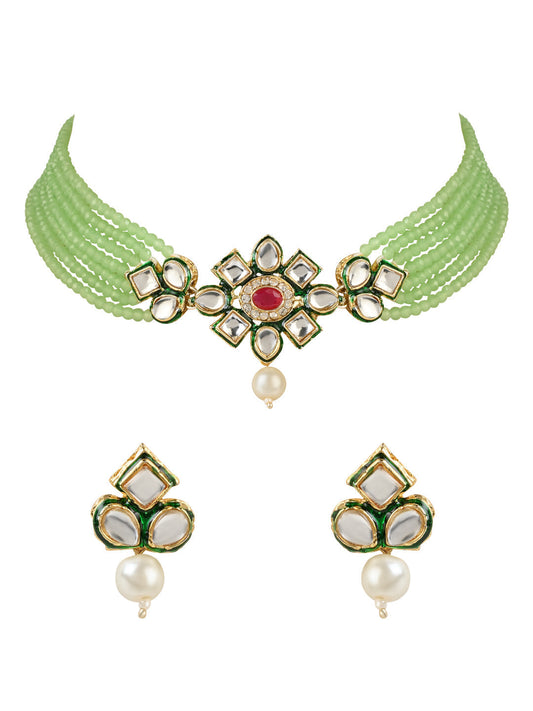 Gold-Polished Traditional Choker Set Glided With Kundan & Beads For Women/Girls - Wahe Jewels Noz2Toz