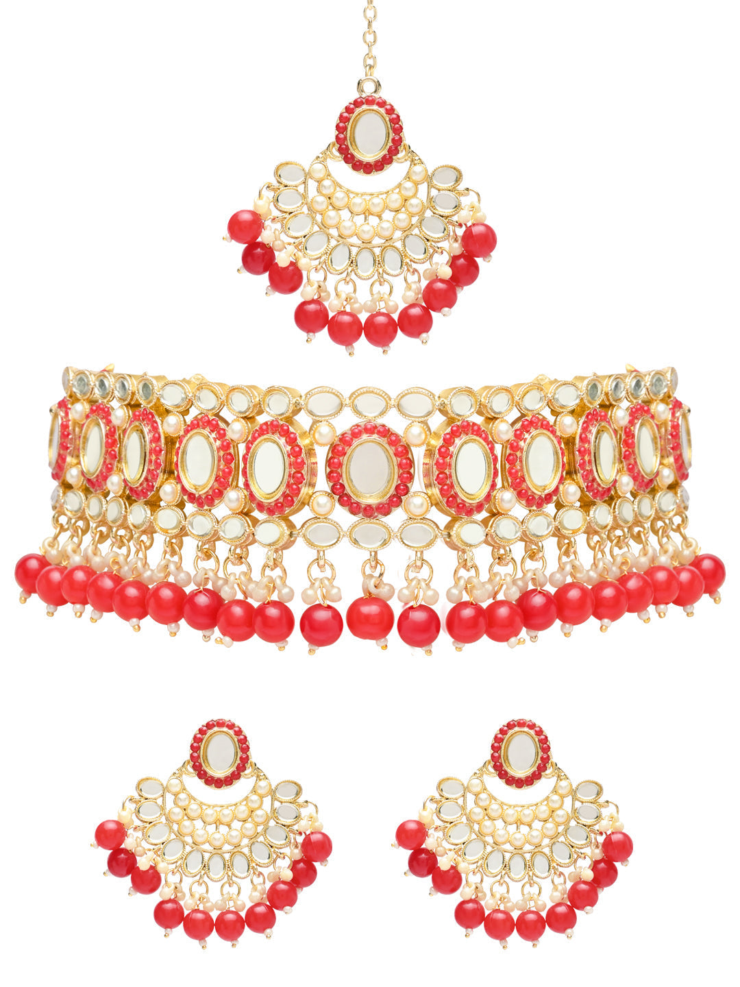 Gold-Polished Traditional Handcrafted Mirror And Pearl Work Choker Necklace Jewellery With Chandbali Earrings & Maang Tikka Set For Women & Girls - Wahe Jewels Noz2Toz