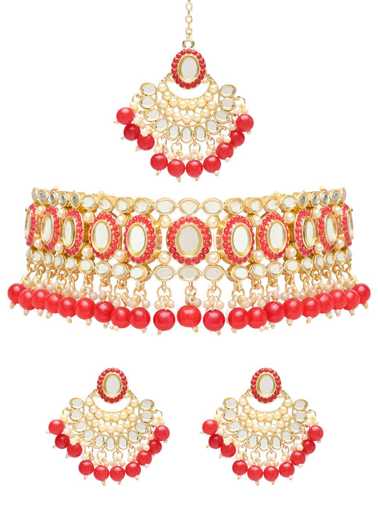 Gold-Polished Traditional Handcrafted Mirror And Pearl Work Choker Necklace Jewellery With Chandbali Earrings & Maang Tikka Set For Women & Girls - Wahe Jewels Noz2Toz