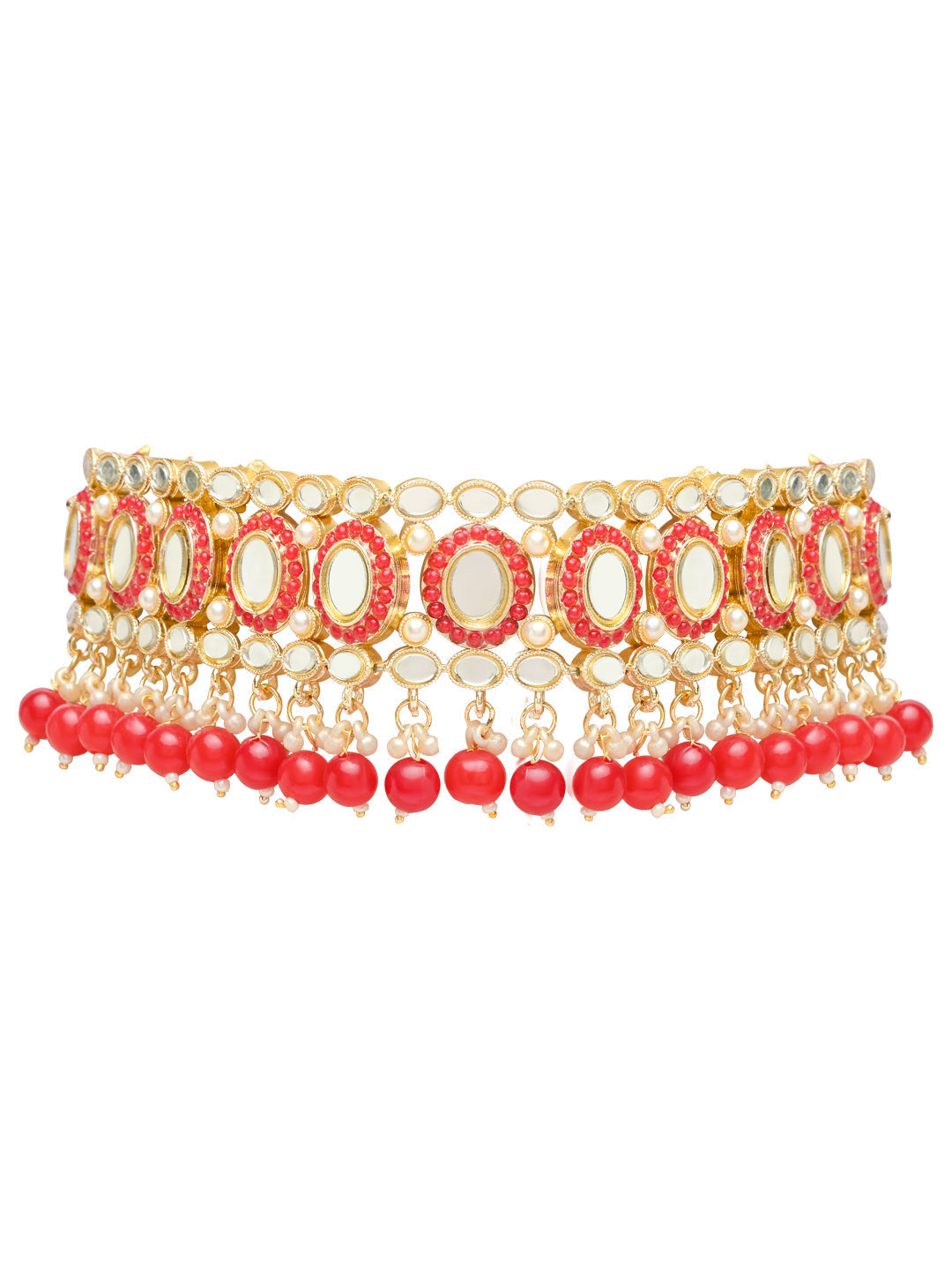 Gold-Polished Traditional Handcrafted Mirror And Pearl Work Choker Necklace Jewellery With Chandbali Earrings & Maang Tikka Set For Women & Girls - Wahe Jewels Noz2Toz