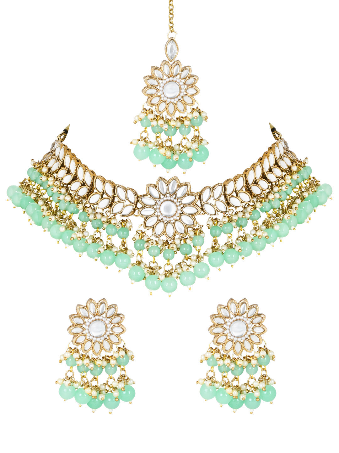 Gold-Polished Traditional Kundan Studded Mint Pearl Hanging Choker Necklace Jewellery Set With Earrings & Maang Tikka For Women & Girls - Wahe Jewels Noz2Toz