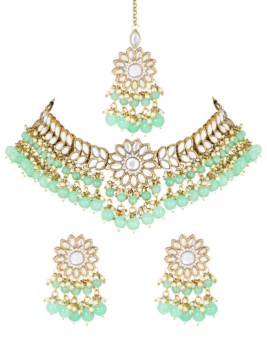 Gold-Polished Traditional Kundan Studded Mint Pearl Hanging Choker Necklace Jewellery Set With Earrings & Maang Tikka For Women & Girls - Wahe Jewels Noz2Toz