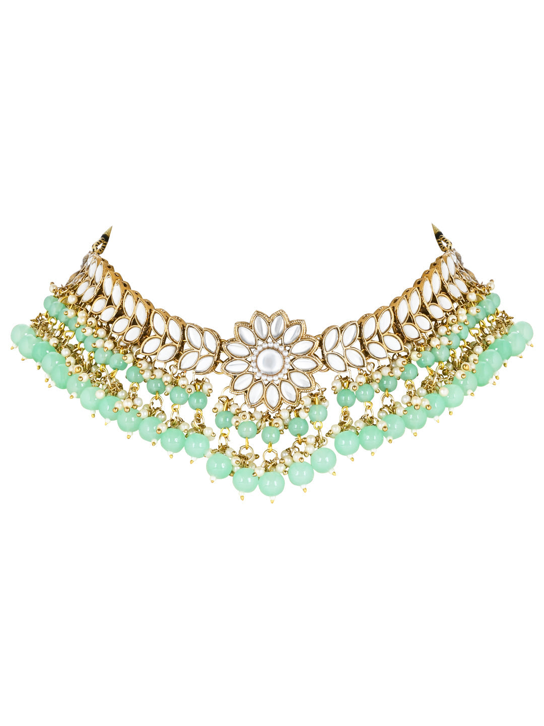 Gold-Polished Traditional Kundan Studded Mint Pearl Hanging Choker Necklace Jewellery Set With Earrings & Maang Tikka For Women & Girls - Wahe Jewels Noz2Toz