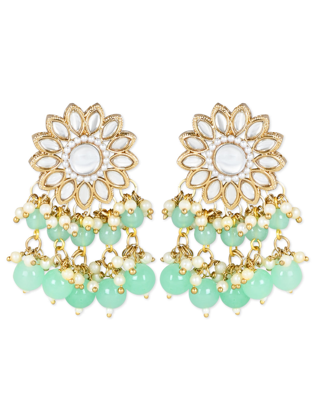 Gold-Polished Traditional Kundan Studded Mint Pearl Hanging Choker Necklace Jewellery Set With Earrings & Maang Tikka For Women & Girls - Wahe Jewels Noz2Toz