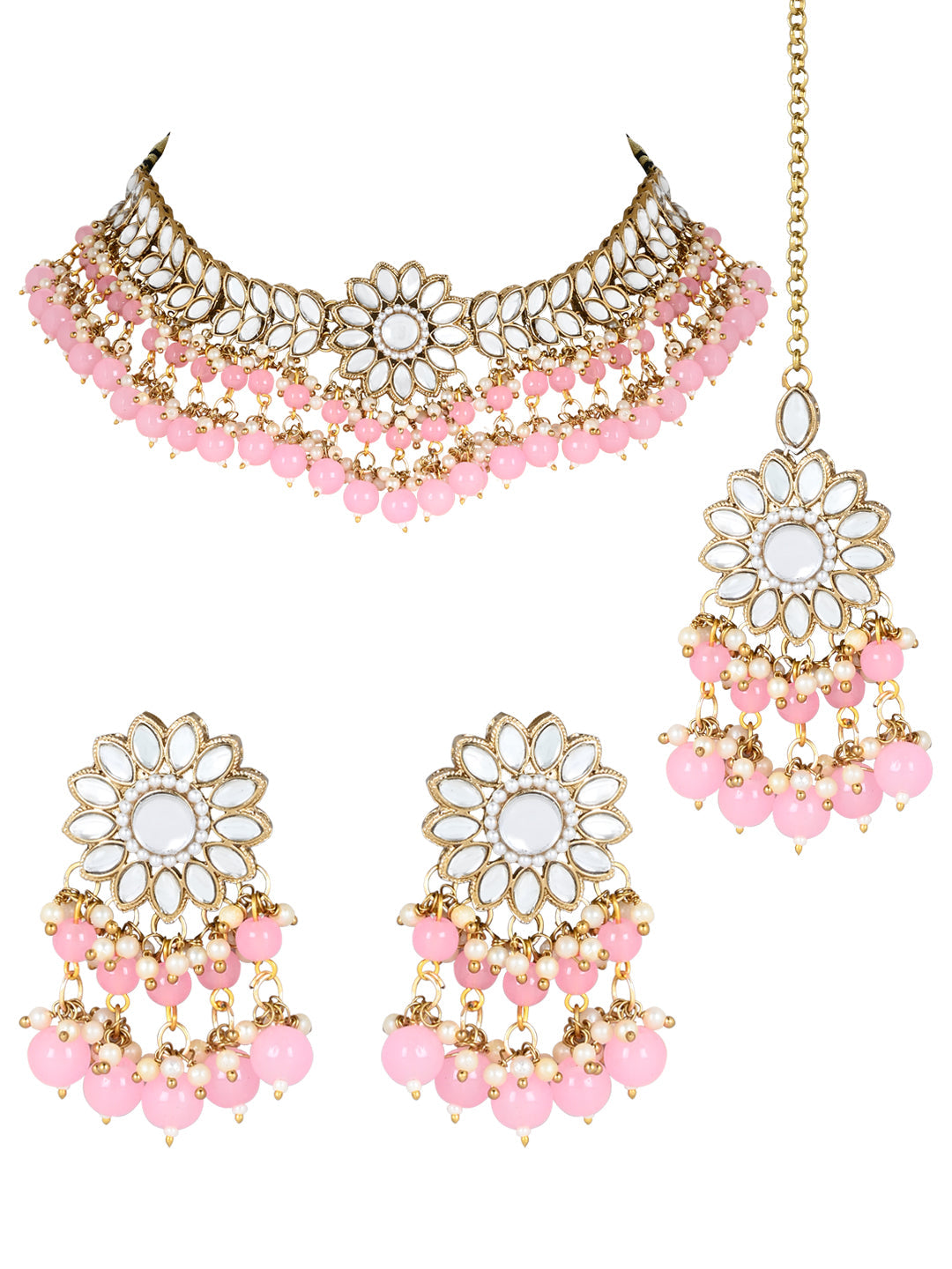 Gold-Polished Traditional Kundan Studded Pink Pearl Hanging Choker Necklace Jewellery Set With Earrings & Maang Tikka For Women & Girls - Wahe Jewels Noz2Toz