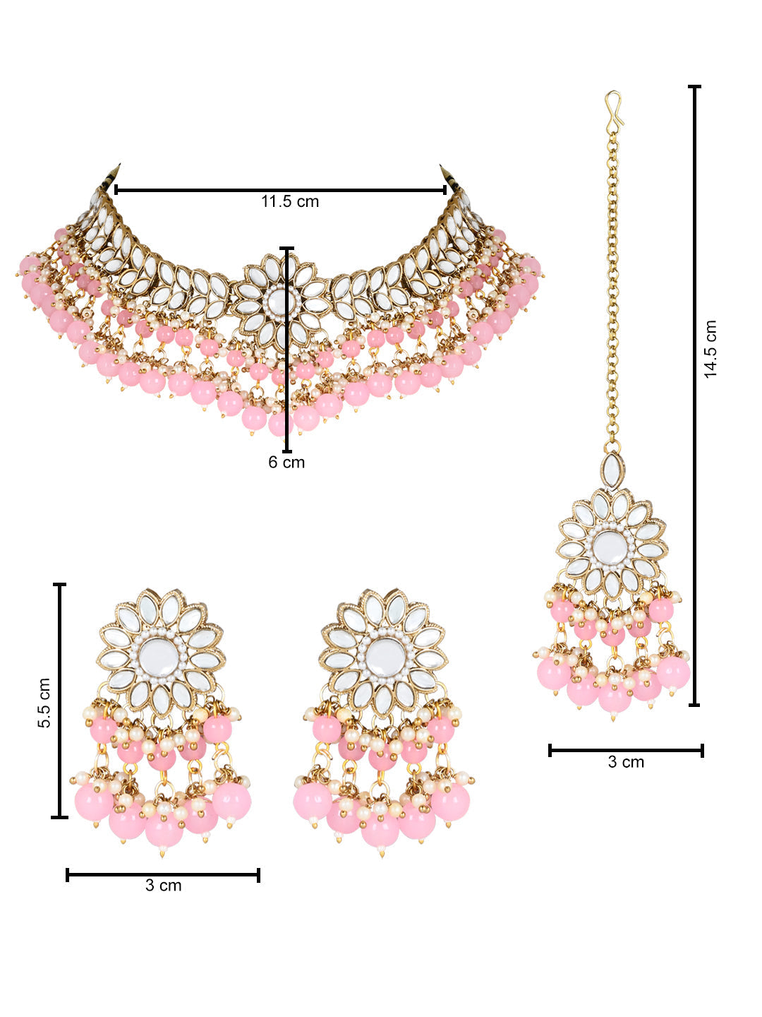 Gold-Polished Traditional Kundan Studded Pink Pearl Hanging Choker Necklace Jewellery Set With Earrings & Maang Tikka For Women & Girls - Wahe Jewels Noz2Toz