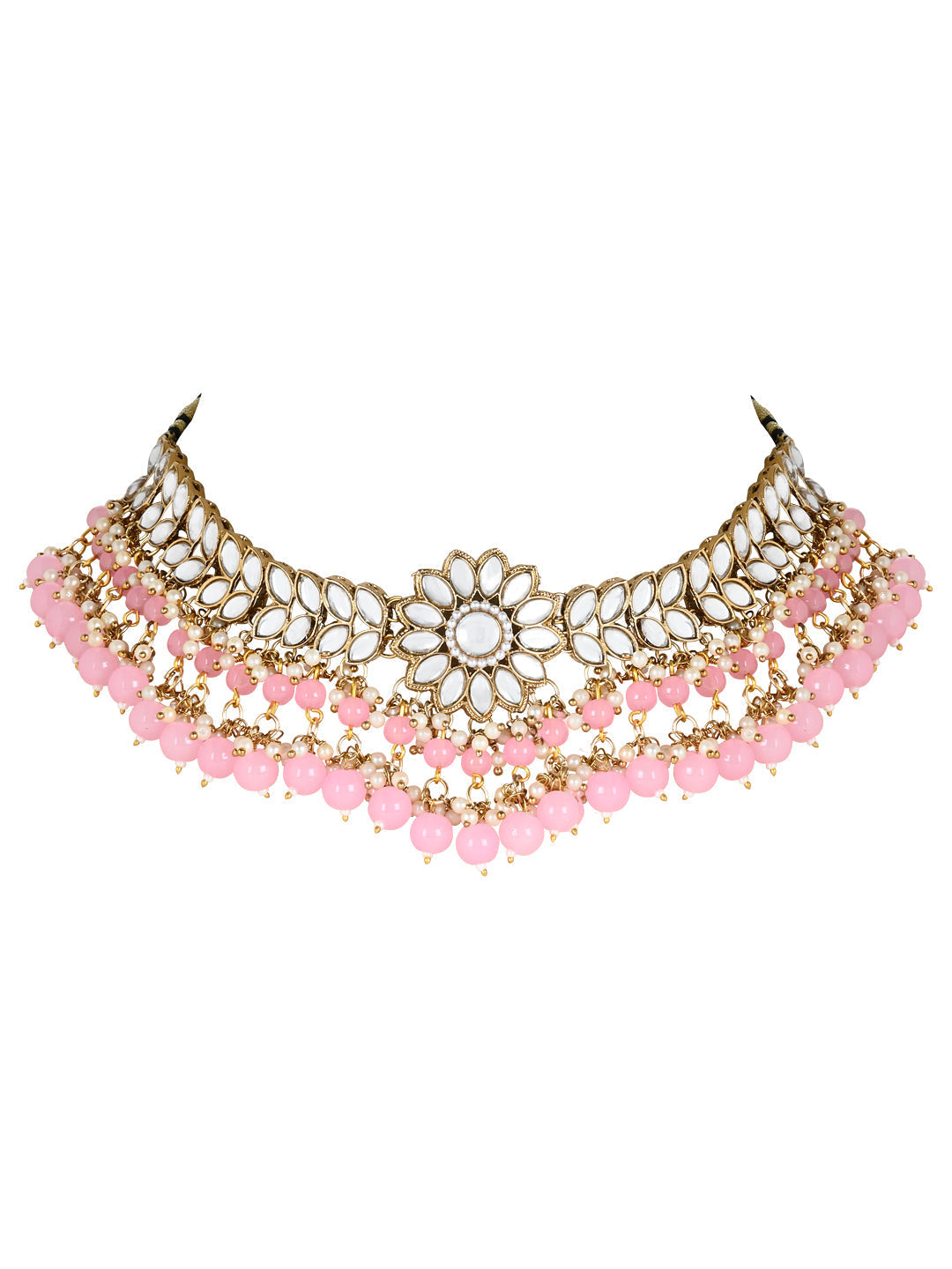 Gold-Polished Traditional Kundan Studded Pink Pearl Hanging Choker Necklace Jewellery Set With Earrings & Maang Tikka For Women & Girls - Wahe Jewels Noz2Toz