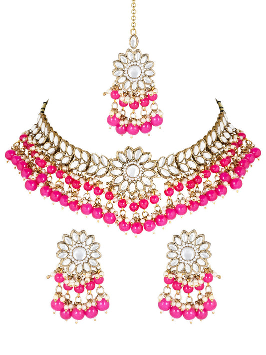 Gold-Polished Traditional Kundan Studded Pearl Hanging Choker Necklace Jewellery Set With Earrings & Maang Tikka For Women & Girls - Wahe Jewels Noz2Toz