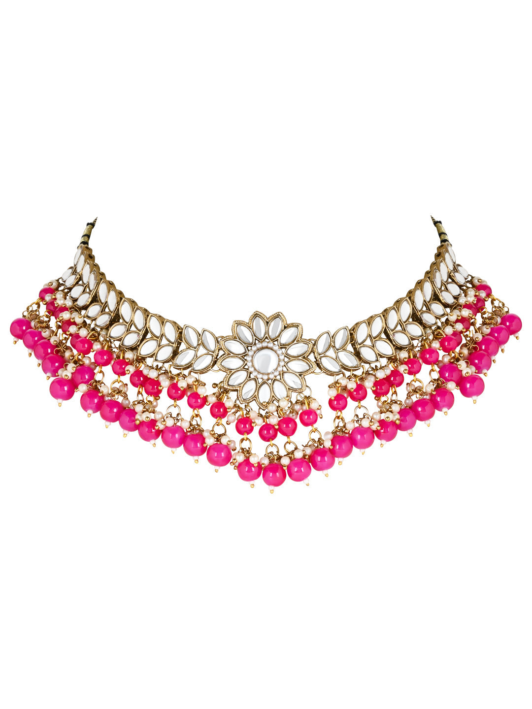 Gold-Polished Traditional Kundan Studded Pearl Hanging Choker Necklace Jewellery Set With Earrings & Maang Tikka For Women & Girls - Wahe Jewels Noz2Toz