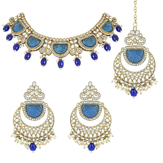 Gold-Polished Traditional Pearl Kundan & Stone Studded Jewellery Necklace Set with Maang Tikka for Women - Wahe Jewels Noz2Toz